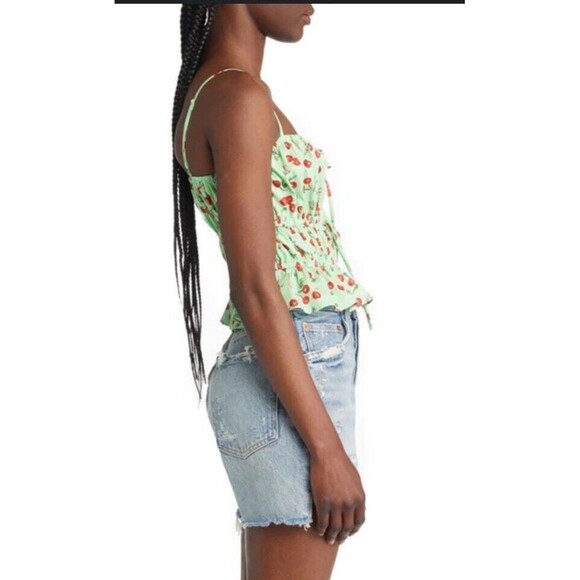 WAYF Cherries Green Camisole Top Elastic Trim Cotton Front Cut Out Ties Women S - Picture 7 of 12